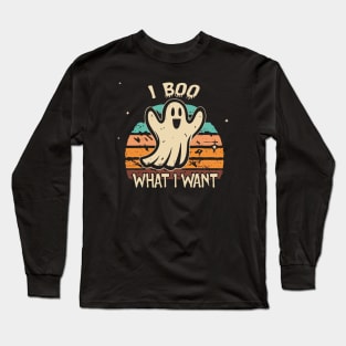 Retro Halloween shirt, I Boo What I Want, Vintage Humorous Ghost Halloween Shirt, Retro Fall Shirt, Fall Shirt. Perfect seasonal gift for Mom, Dad, Kids Long Sleeve T-Shirt